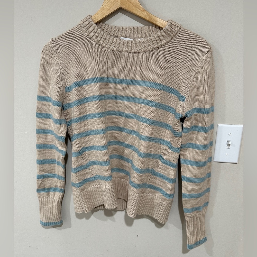 State of Cotton Castine Striped Beige and Blue Sweater Small